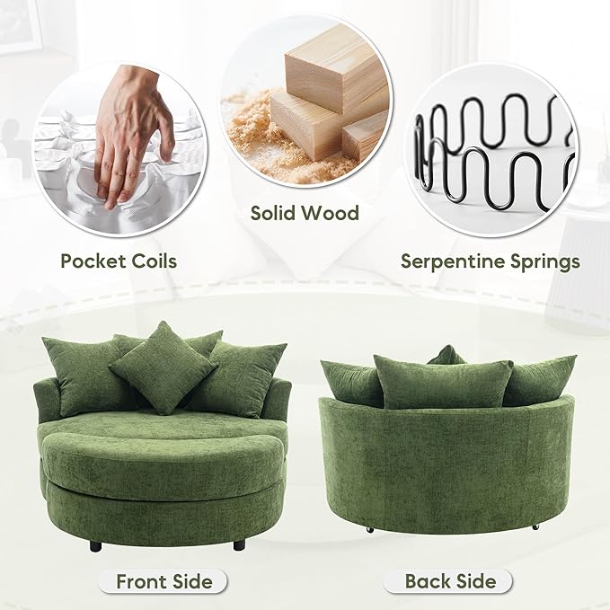 Yoglad Oversized Round Swivel Accent Chair - Modern 360 Degree Barrel Chairs with Storage Ottoman, for Living Room, Bedroom(Chenille - Green)