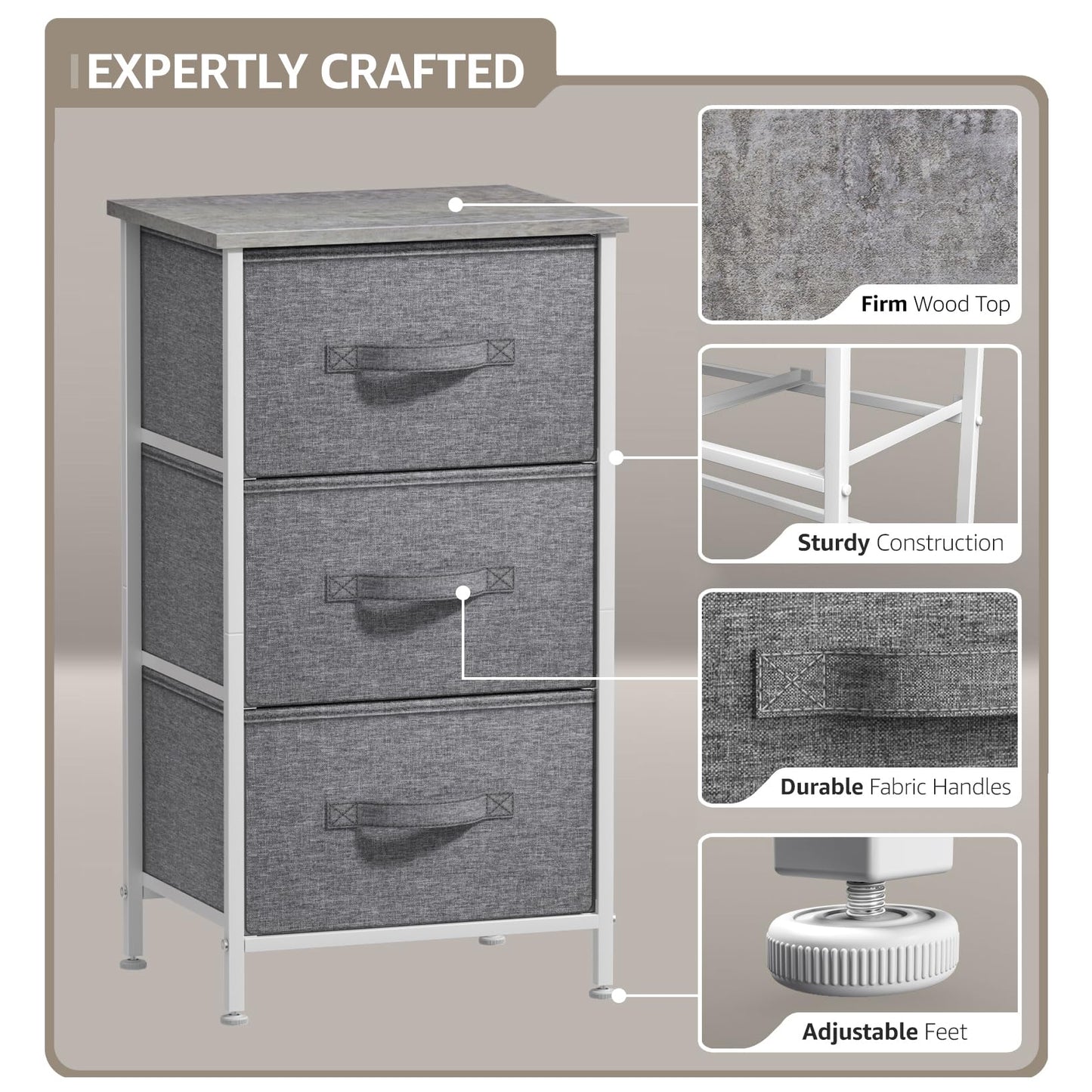 Sorbus Nightstand with 3 Drawers - Bedside Furniture & Night Stand End Table Dresser with Steel Frame, Wood Top, Easy Pull Fabric Bins for Home, Bedroom Accessories, Office & Dorm