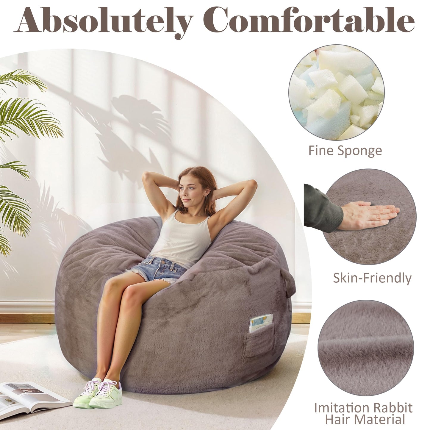 LFCREATOR Giant Bean Bag Chair for Adults, Faux Fur Bean Bag Chair Bed with Mattress Bed Use, Convertible Bean Bag Sofa Bed with Filler Included for Living Room,Bedroom, Brown.Large-Sized