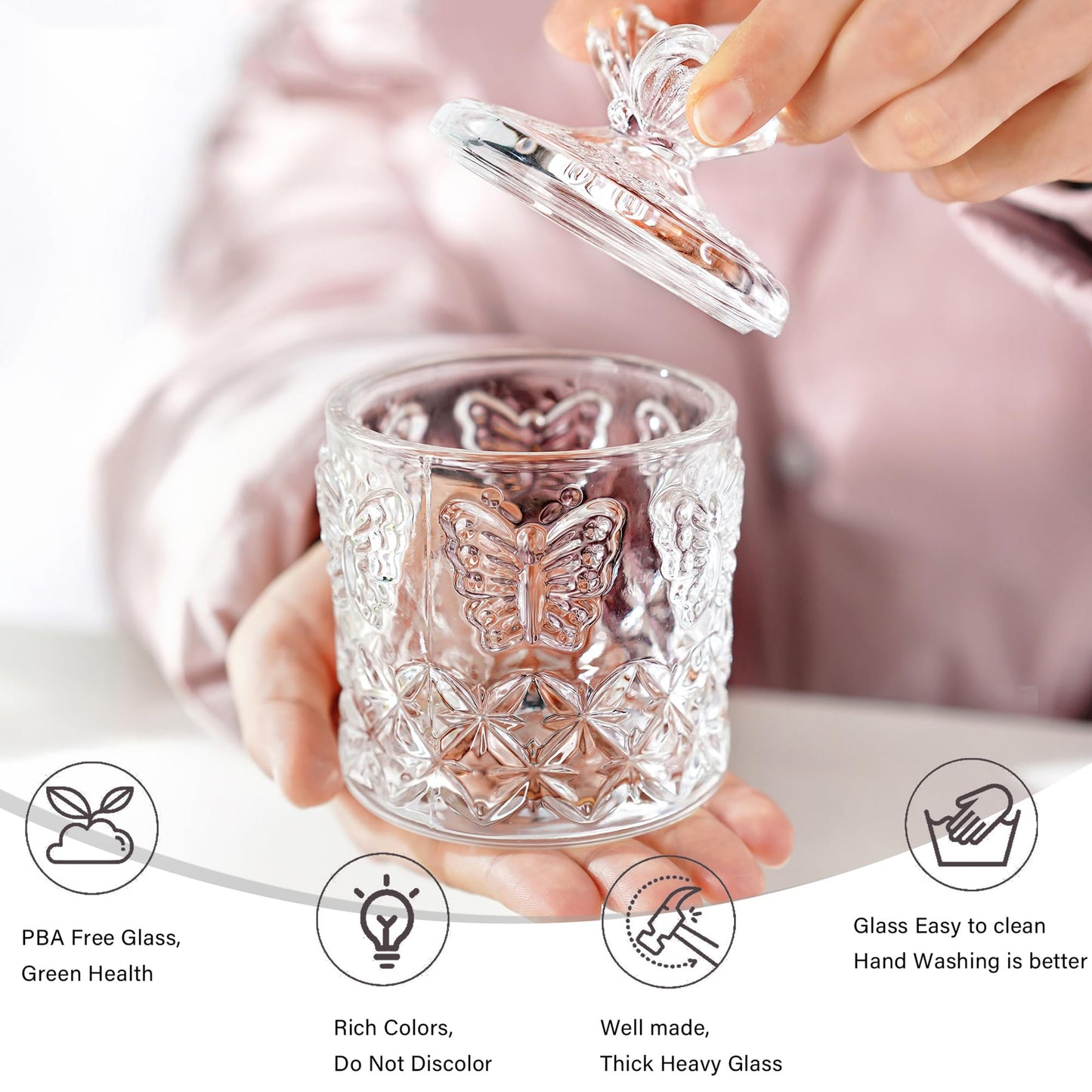 kanpura Qtip Holder Glass Apothecary Jars with Lid for Bathroom Decor Makeup Storage Canister for Cotton Swabs, Balls, Pads, Floss Picks, Candy, Jewelry, 7 OZ, 2 Pack, Clear