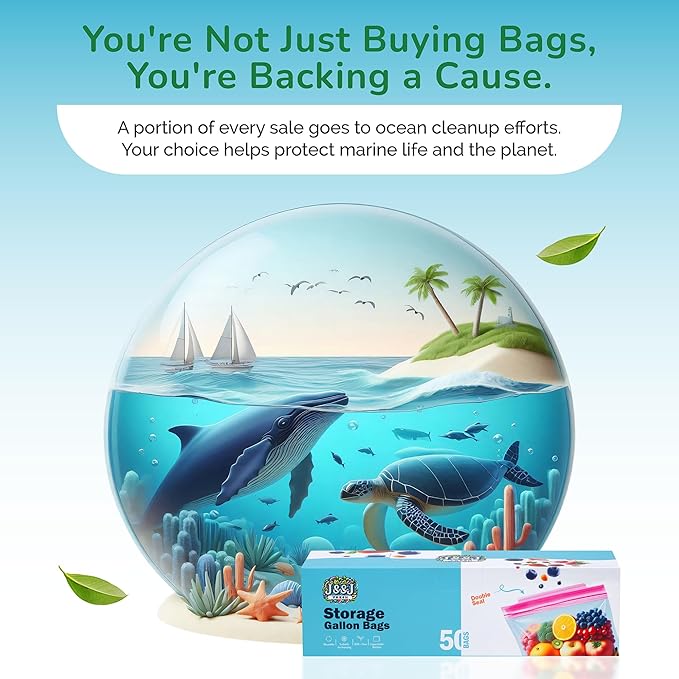 J&&J Fresh Gallon Zipper Bags, 50 Pack — Reusable, BPA-Free, Leakproof — Expandable Bottom, Microwave-Safe, Strong Zipper Lock Seal — For Meat, Veggies, Soup, Freezer & Fridge — Durable & Washable