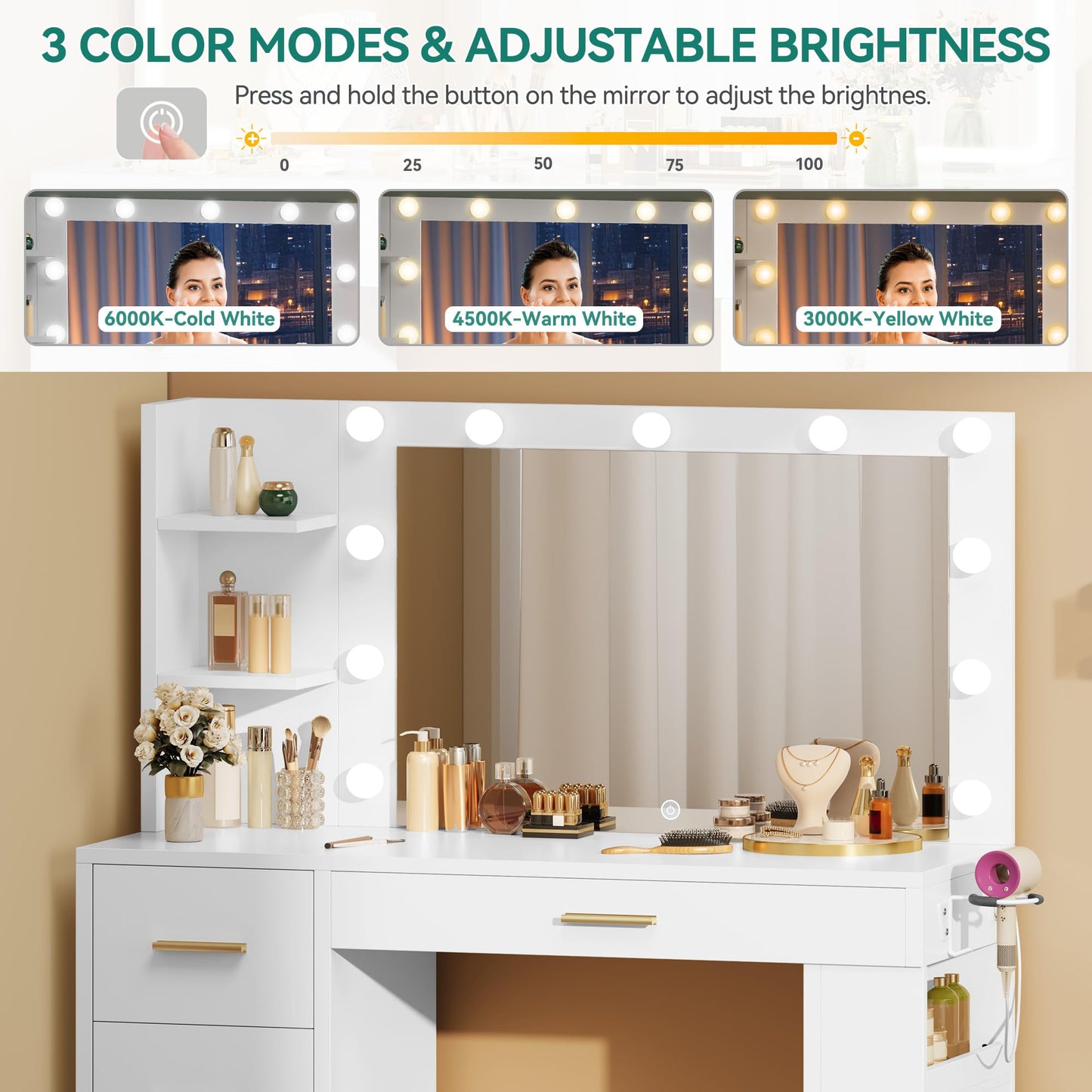 YITAHOME Vanity Desk with Mirror & Lights, Makeup Vanity Table Set with Power Outlet, 4 Drawers, 6 Open Shelves Above and 3 Lighting Modes Dressing Table