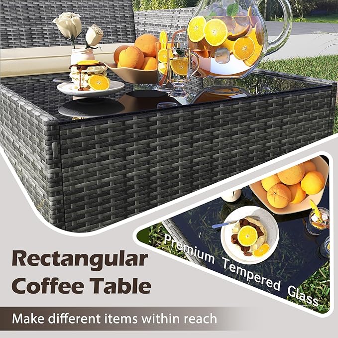 RELAX4LIFE 4-Piece Patio Furniture Set - Rattan Outdoor Conversation Bistro Set w/Cushions, Glass Coffee Table, Wicker Chairs & Loveseat for Garden Backyard Porch Balcony (1, Mix Grey-Beige)