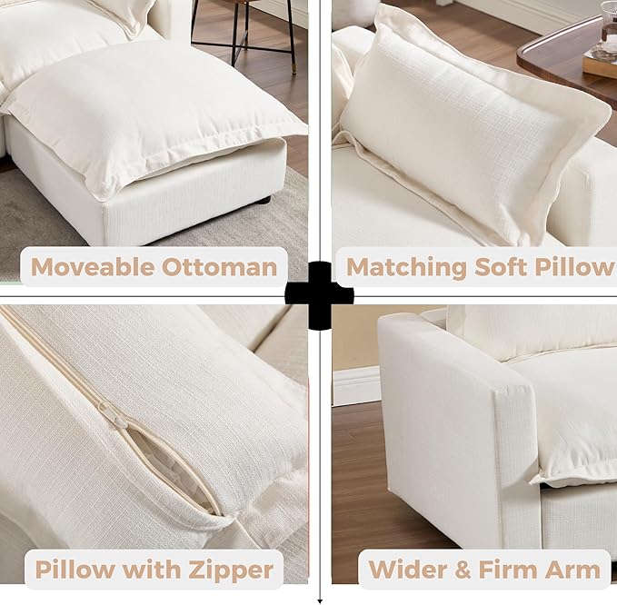 chairus 97" Modular Sectional Sofa with 2 Moveable Ottoman Upholstered Deep Seat Linen Couch Set with Soft Pillows U Shaped Sofa Couch for Living Room, Apartment, Reception Room, 3-Seater/White