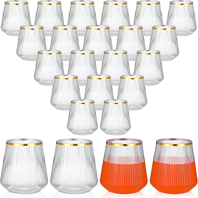 24 Pcs 12oz Clear Plastic Wine Cups with Gold Rim - Elegant Origami Ripple Design, Shatterproof for Whiskey, Cocktail, Cha...