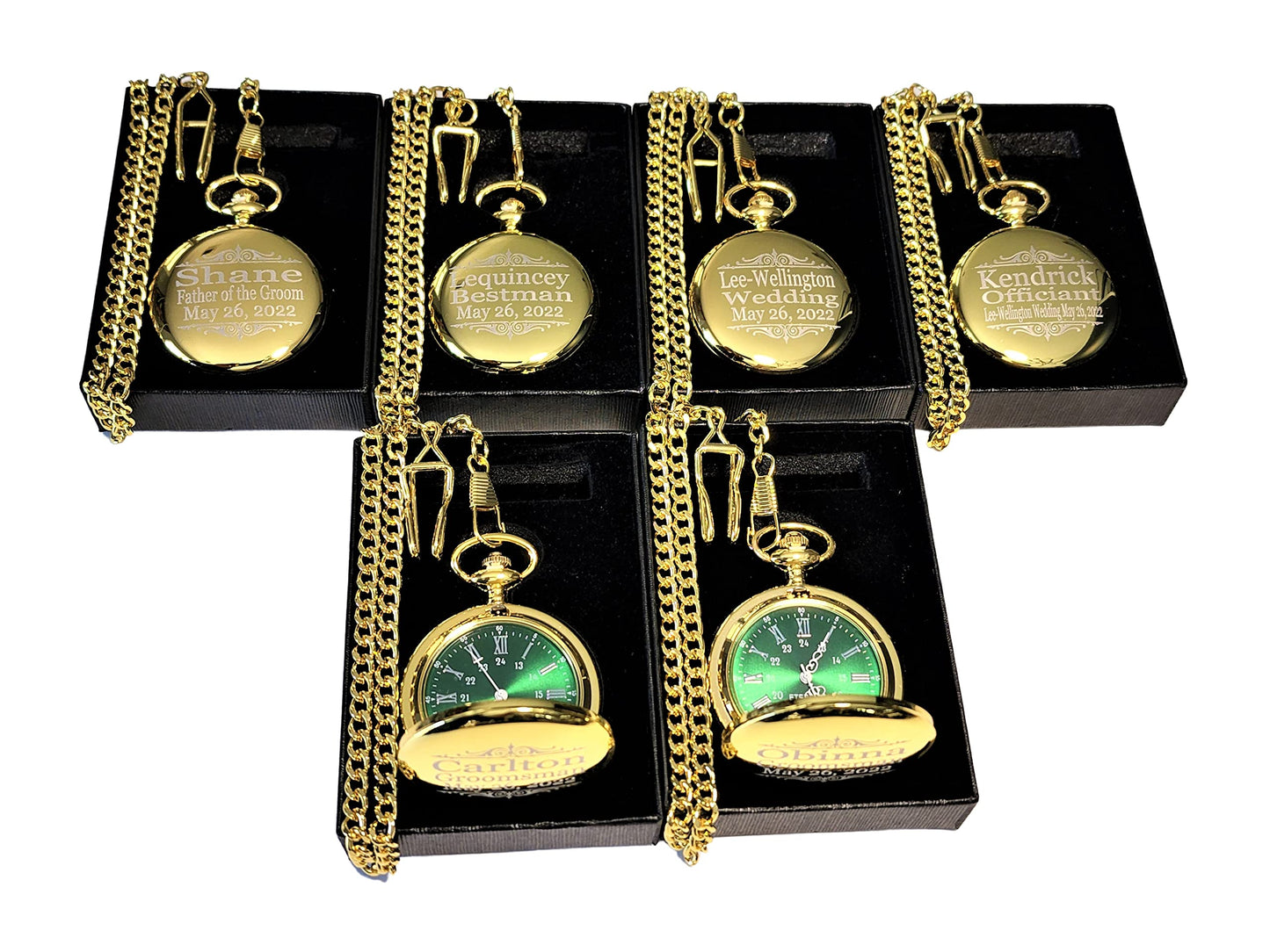 1 Engraved pocket watch - Comes with fitted custom box, chain and engraving - Green dial with Silver roman numerals - Personalized Wedding gifts (Rose Gold)