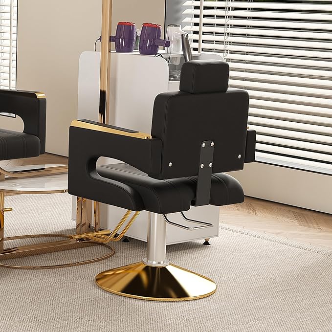 Barber Salon Chair, 360° Rolling Swivel Styling Hair Chair with Adjustable Height, Heavy Duty Hydraulic Pump & Reclining Backrest for Salon & Barber Shop(Black + Gold)