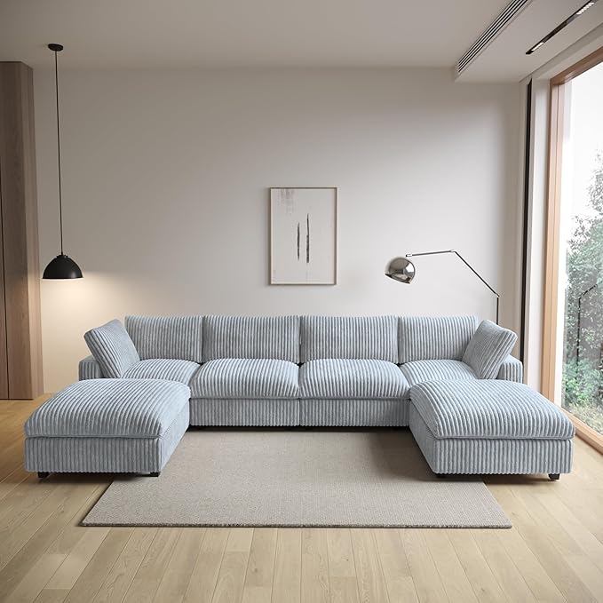 Modular Sectional Sofa/ 158inch Cloud Couches with Ottoman for Living Room/Soft Faux Rabbit Fur U Shaped Couch with Chaise,6 Seater Wide Convertible Sofa,Covers Washable&Replaceable,Grey