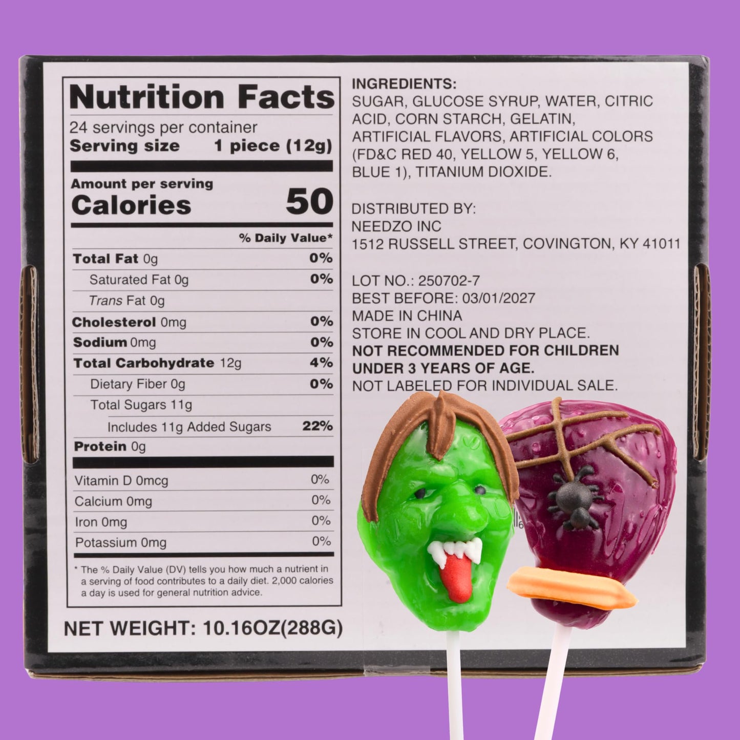 Halloween 2025 Zombie Lollipops Pops, Individually Wrapped Spooky Suckers, Green Apple and Watermelon Flavored, Trick or Treat Candy, 24 Count