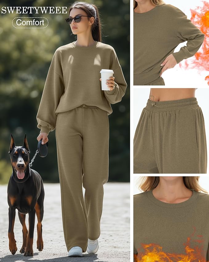 Sweetyweee Women's 2 Piece Outfits Set Fleece Lined Lounge Sweatsuit Crewneck Pullover Top Wide Leg Pants Casual Tracksuit(Khaki,X-Large)