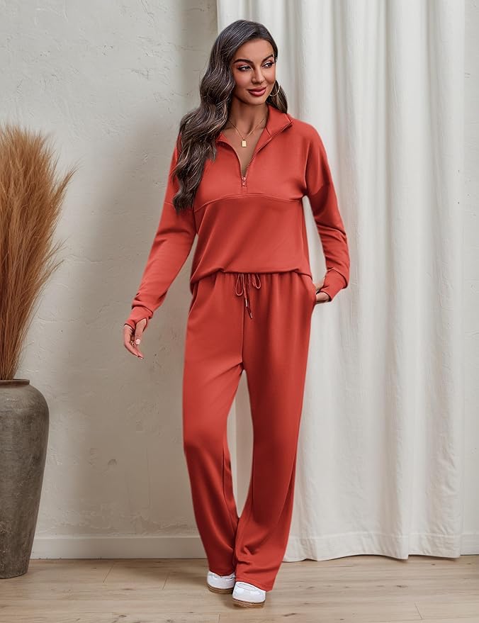 Totatuit Womens Sweatsuits 2 piece Set Lapel Half Zip Lightweight Sweatshirts and Wide Leg Pants Tracksuit Lounge Sets