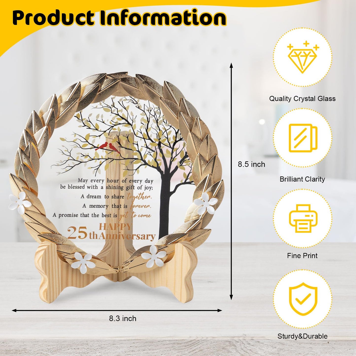 25th Anniversary Wedding Gifts Crystal Plate with Gold Leaf Wreath - 25 Years Anniversary Wedding Unique Gifts Ideas for Parents Couple - Cardinal Style