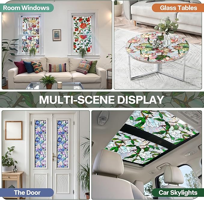 Stained Glass Window Film UV Resistant Window Privacy Film Colorful Flowers Privacy Rainbow Decals Living Room Bedroom Sun Blocking Decor Removable Static Cling Stickers 17 x 39.37 Inch