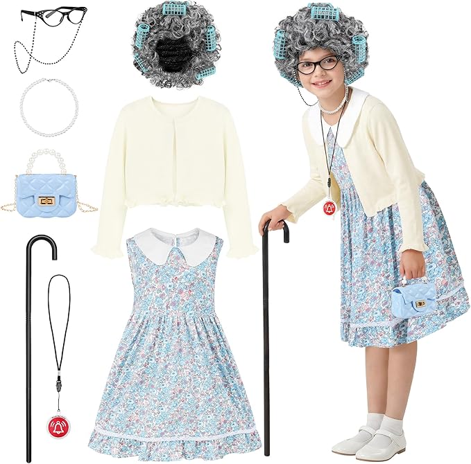 AOTHSO 8 Pcs Girls 100 Days of School Old Lady Dress Cardigan Costume with Wig Glasses Cane for Kids Granny Grandma Cosplay