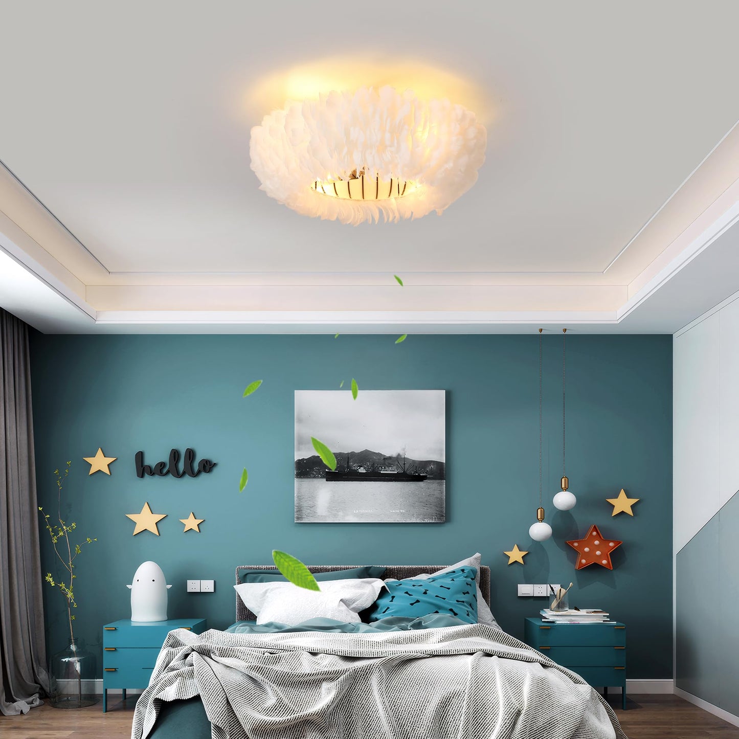 Xudom 20 Modern Ceiling Fans With Lights And Remote Control,White Feather Chandeliers Stylish Low Profile Ceiling Fan For Bedroo