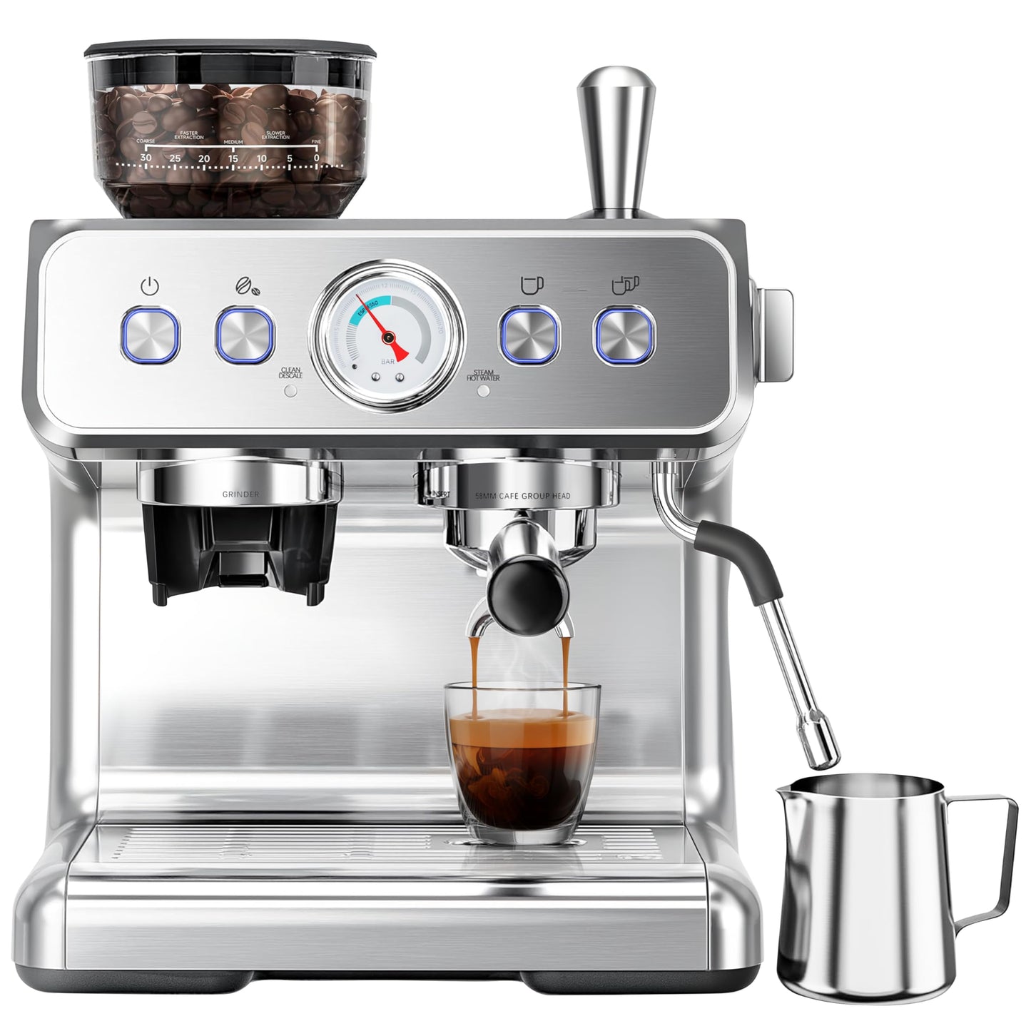 Kndko Espresso Machine with Grinder, 20 Bar Automatic Espresso Maker with Milk Frother Steam Wand, Removable Water Tank, Latte & Cappuccino Machine for Home Barista