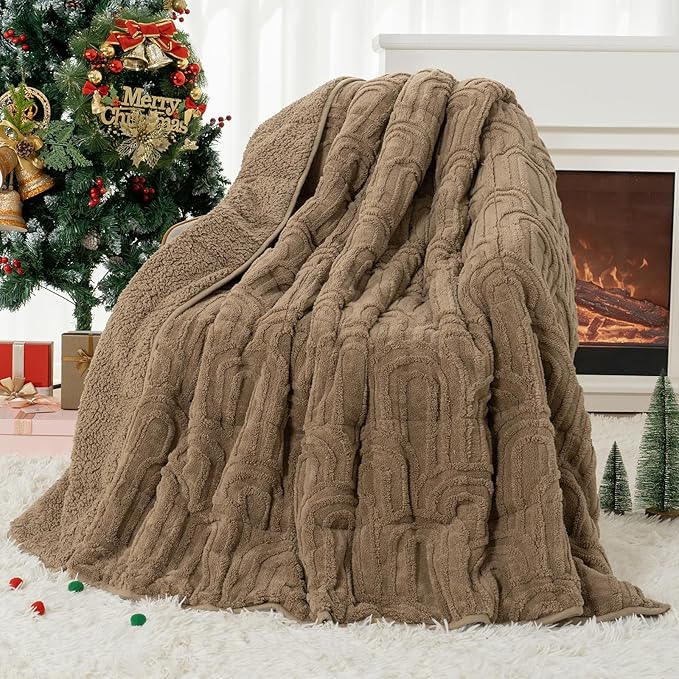 Cottonblue Weighted Blanket for Adults 15 lbs Twin Size, Cozy Fluffy Sherpa Fleece Jacquard Weighted Throw Blankets 48" x 72" for Sleep Relax, Fuzzy Warm Arch Heavy Blanket Soft for Bed Couch, Khaki