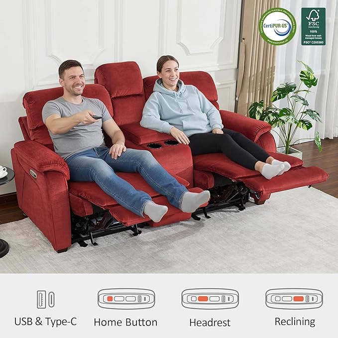 MCombo 73.8'' Wall Hugger Power Loveseat Recliner, Reclining Loveseat with Console, Adjustable Headrest, USB Charge Ports, Cup Holders, for Living Room, RVs, Small Spaces, Fabric ST258M2 (Burgundy)
