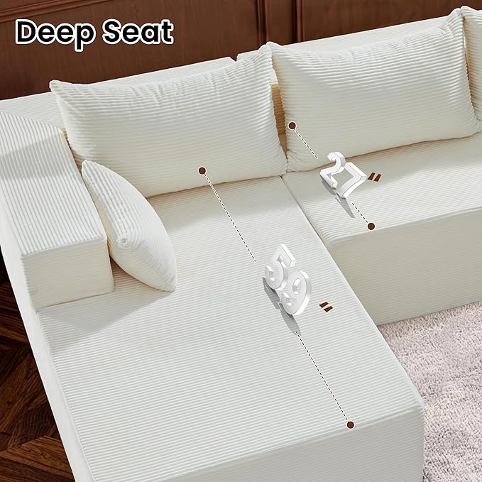 106" Cloud Sectional Boneless Couches for Living Room, Modular U Shaped Couch with Deep Seat, Removable Ottoman, Memory Foam Compressed Spineless 4 Seater Sofa for Bedroom Apartment, Beige