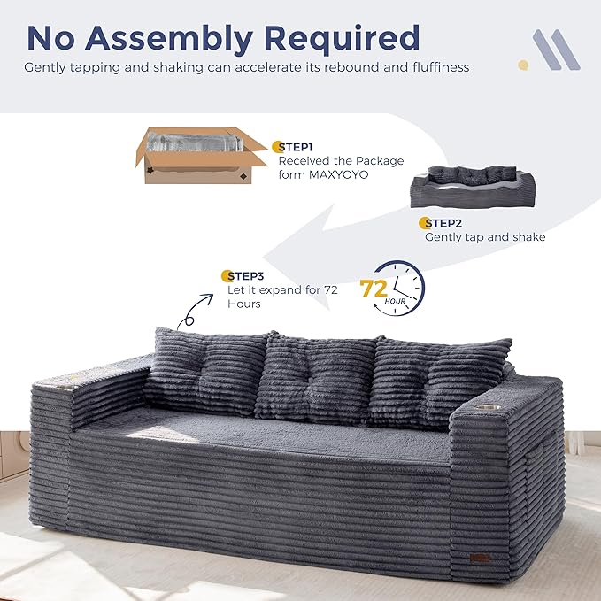 MAXYOYO 79" Oversized Boneless Loveseat Sofa Couch for Small Spaces, Mini Love Seat Floor Couch with Cup Holders and Pillows, 3-Seater Upholstered Cloud Couch for Bedroom, No Assembly Required