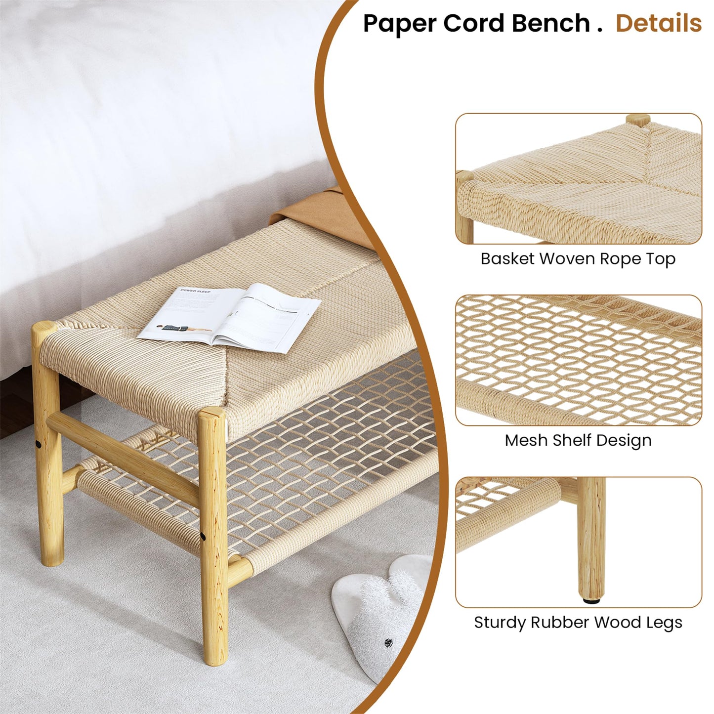 DKLGG Entryway Storage Bench with Mesh Shelf, Indoor Storage Bench Entrance Bench with Paper Cord & Rubber Wood Legs, Narrow Bench Boho Bench Dining Room Bench for Entryway, Living Room, Bedroom