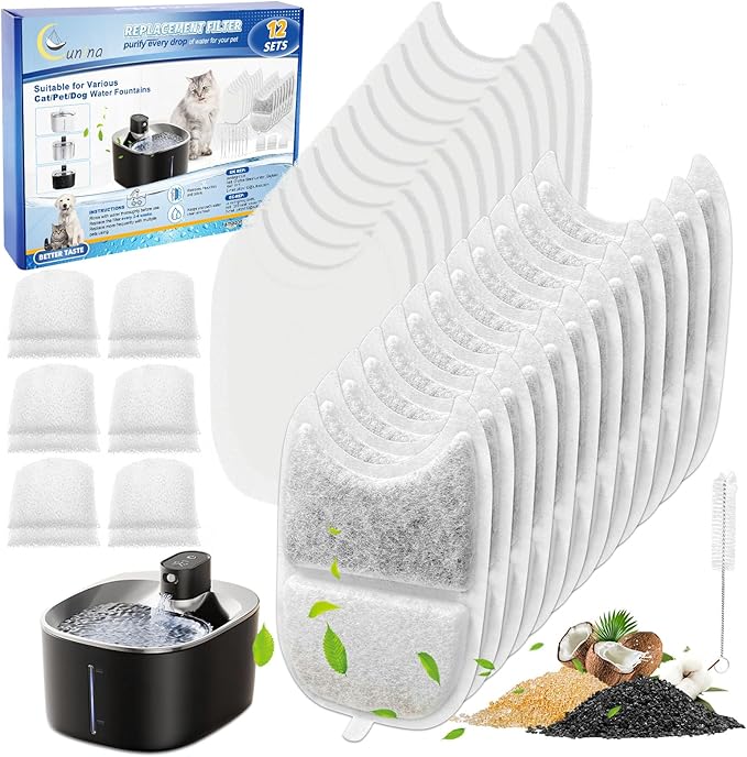Cunina 12 Set Cat Water Fountain Filter Replacements & Sponges for 135 fl oz/4L Pet Fountain Drink Machine Dog Water Fount...