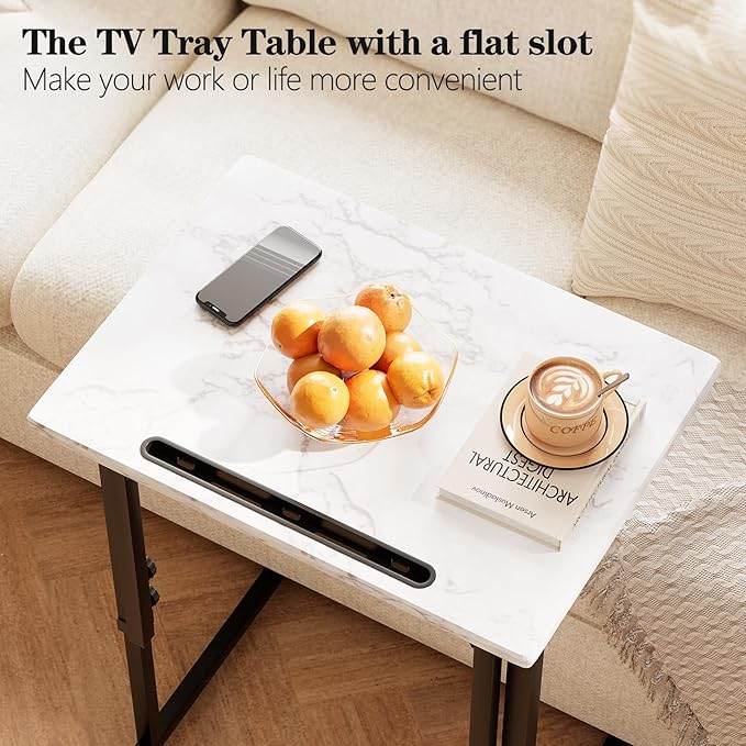 Katrawu Adjustable Height Tv Tray Table,Portable Folding Tv Dinner Snack Table,Small Foldable C-Shaped End Table for Eating,Slide Under Couch Side with Sturdy MDF Top,No Assembly(White Marble+Black)
