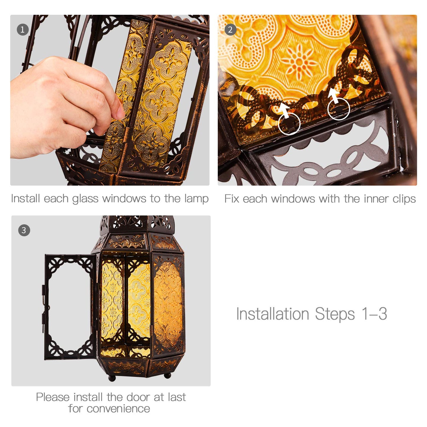 Lewondr Metal Glass Ramadan Candle Lantern, Moroccan Style Portable Candle Holder Pavilion Shape Bowl Bottom Decorative Hanging Lamp Wind Lantern Décor for Home Patio Balcony Garden - Copper + Yellow