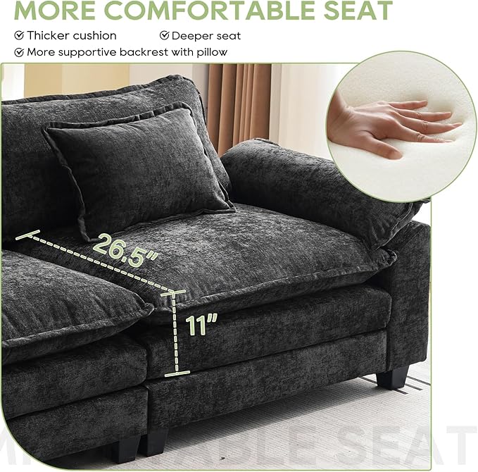 Oprisen 53" Modular Sectional Sofa, Comfy Cloud Couch Sectional Sofa with Ottoman, Chenille Sofa Sleeper Deep Seat Sofa with Throw Pillows for Living Room (Black)