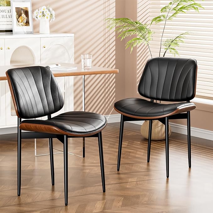 YaFiti Dining Chairs Set of 2, Dining Room and Kitchen Chairs, FSC Certified Mid Century Modern Accent Chair, Upholstered PU Leather Chairs for Vanity with Walnut Bentwood and Metal Legs, Black