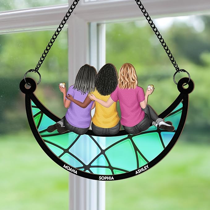Macorner Personalized Window Hanging Suncatcher Ornament Friendship for Women, Birthday Presents for Woman Friendship, Best Friend Birthday Gifts, Bestie Gifts for Women Friend Sitting On The Moon