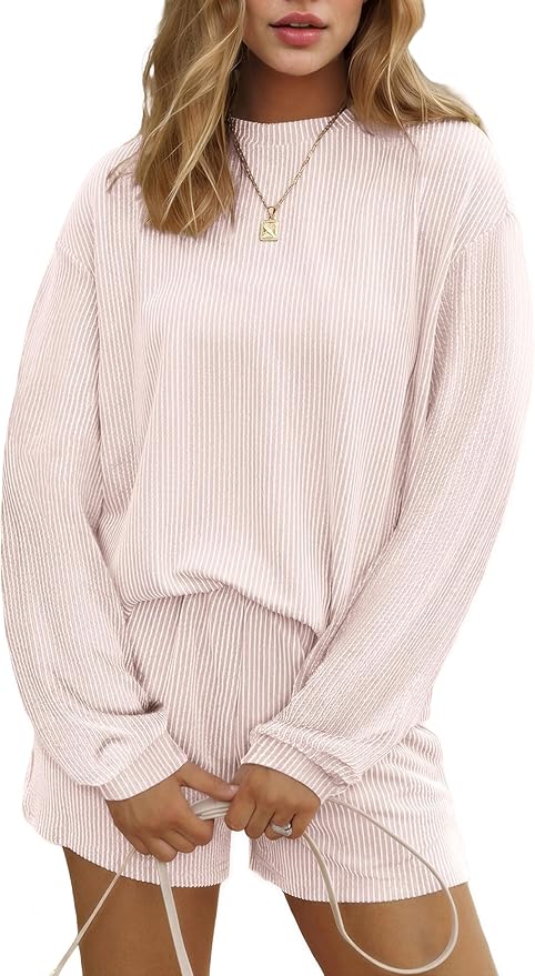 Ekouaer 2 Pieces Lounge Set for Women Long Sleeve Pajamas Top and Shorts Matching Sets Outfits with Pockets