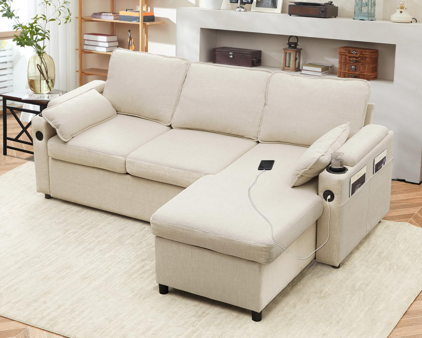 DURASPACE Sofa Bed Sleeper Pull Out 2 in 1 Sectional Sleeper Sofa Couches with Storage,USB, Cup Holder,Pullout Sectional Couches for Apartment Living Room (Beige)
