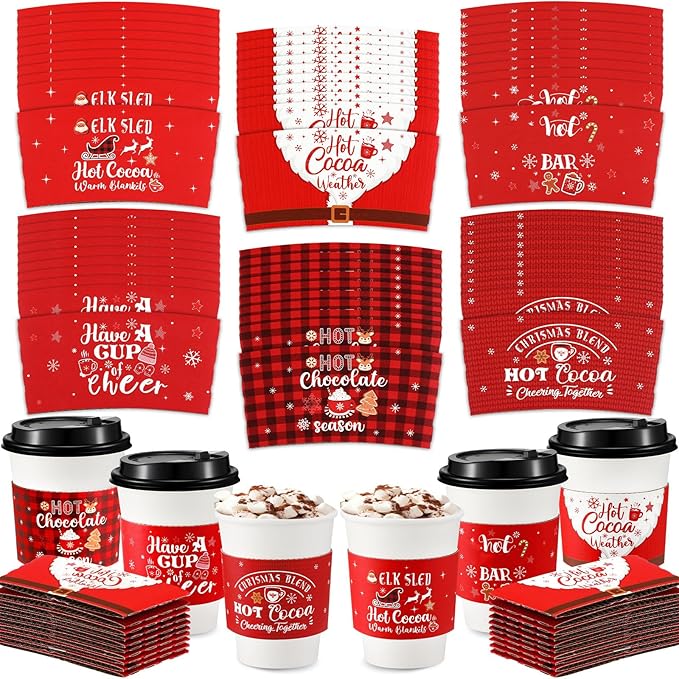 Remerry 60 Pack Christmas Coffee Cup Sleeves Christmas Disposable Paper Cup Sleeves Fit 12 and 16 oz Coffee Cups for Holid...