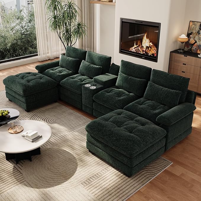 BEQAI 134"U Shaped Sectional Couches for Living Room, Oversized Modular Sectional Fluffy Couch with 2 Ottoman & Storage Console,Modern 6 Seat Living Room Sofa with Glitter Fabric,Tufted Buttons, Green