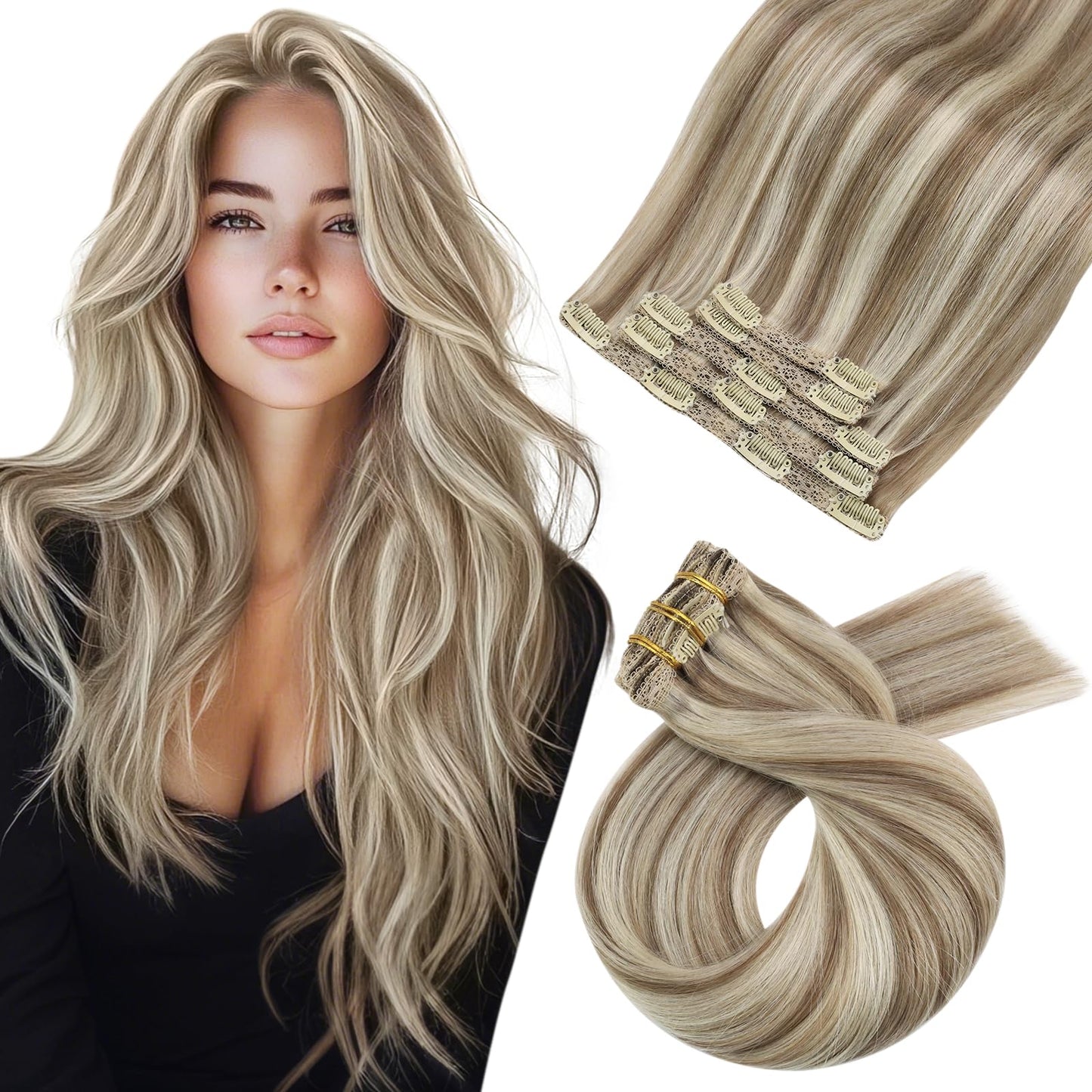 Moresoo Blonde Clip in Hair Extensions for Women Brown Highlight Real Hair Extensions Clip in Human Hair Light Brown with Blonde