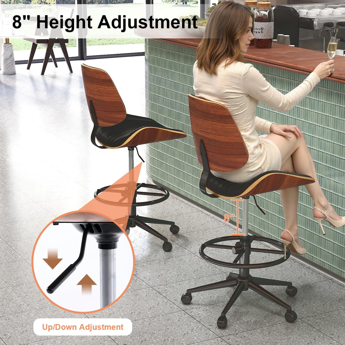 Rongbuk Drafting Chair, Ergonomic Office Chair with Walnut Wood Back Support, Armless PU Leather Desk Chair with Height-Adjustable, Thick Cushion for Home, Bar, Drafting, Office (Black)