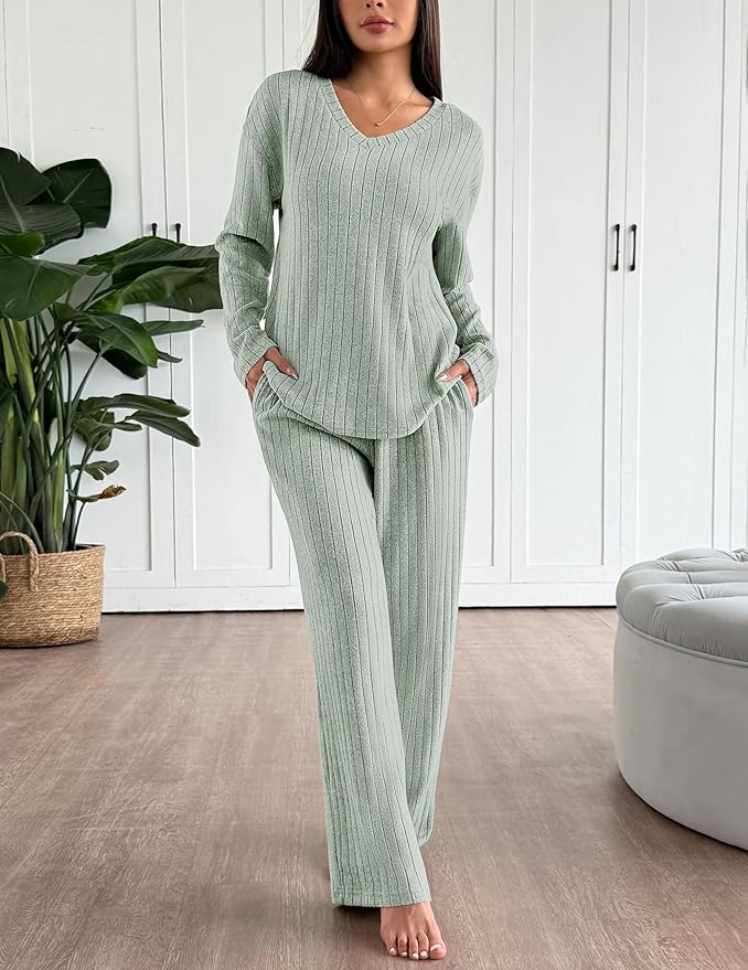 Ekouaer Lounge Sets for Women Long Sleeve Knit Ribbed Pajama Sets 2 Piece Casual Loungewear with Pockets