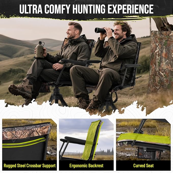 HUNTSEN 360° Silent Swivel Hunting Chair for Blinds - Stable Portable Ground Blind Chair Adjustable 4 Legs & Seat Height Folding Outdoor Fishing Seat with Anti-Sink Feet Armrest - Supports 330lbs