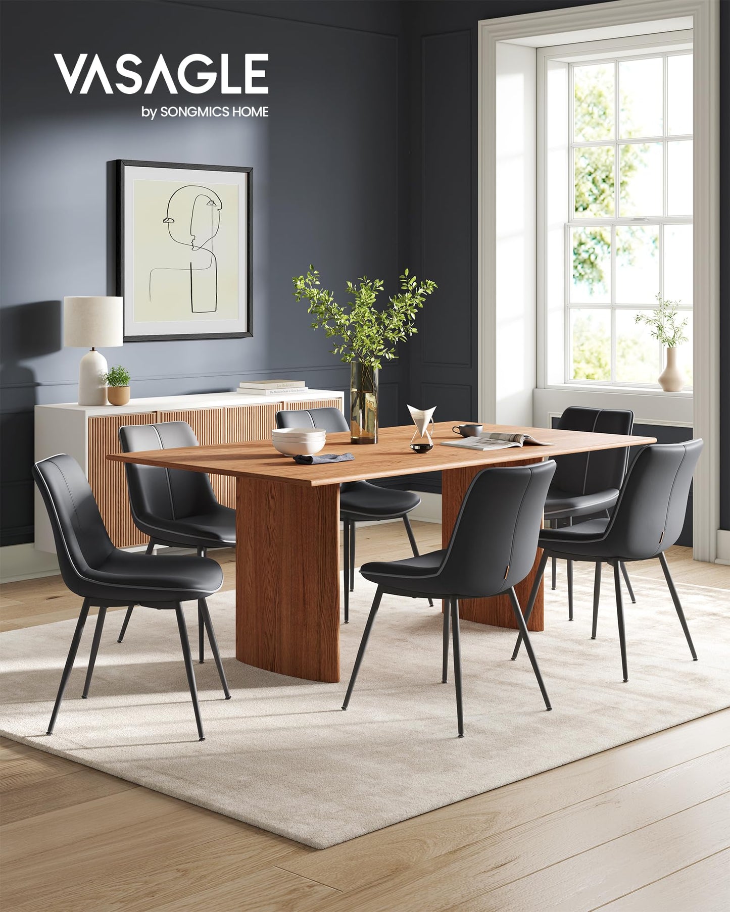 VASAGLE Leather Dining Chairs Set of 2, Comfortable Upholstered Seat Dining Room Chairs with Swivel Leveling Feet, Curved Backrest Kitchen Chair for Living, Restaurant, Easy Assemble, Ink Black