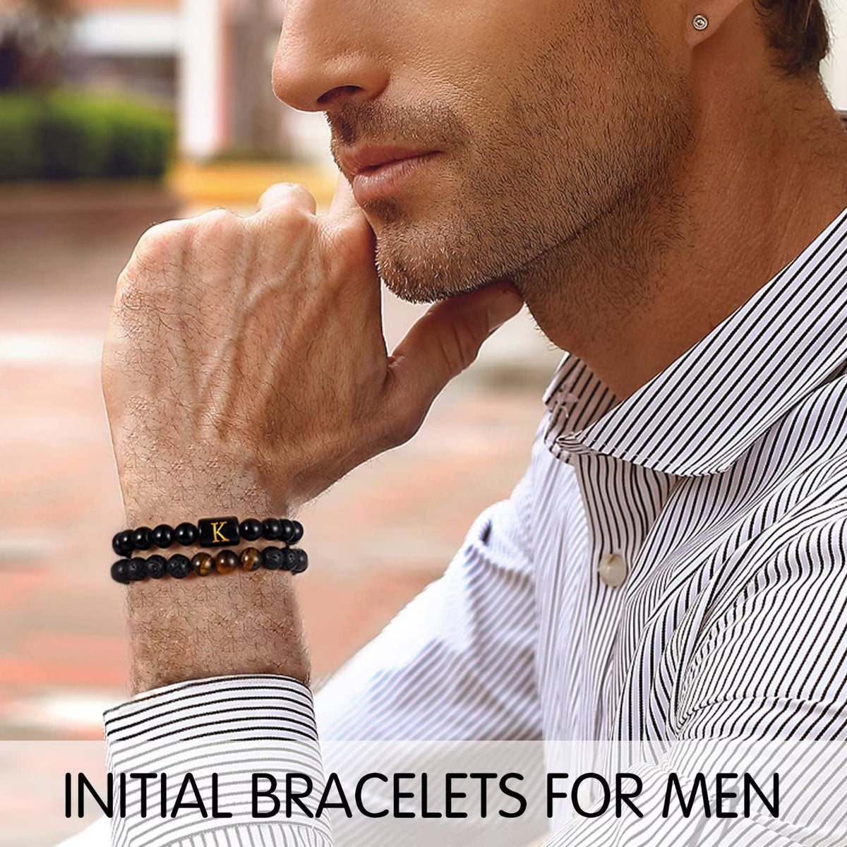 STORUP Bracelets Gifts for Men - Initial Bracelets for Men 8mm Tiger Eye Lava Rock Stone Obsidian Bracelet Handmade Initial M Me