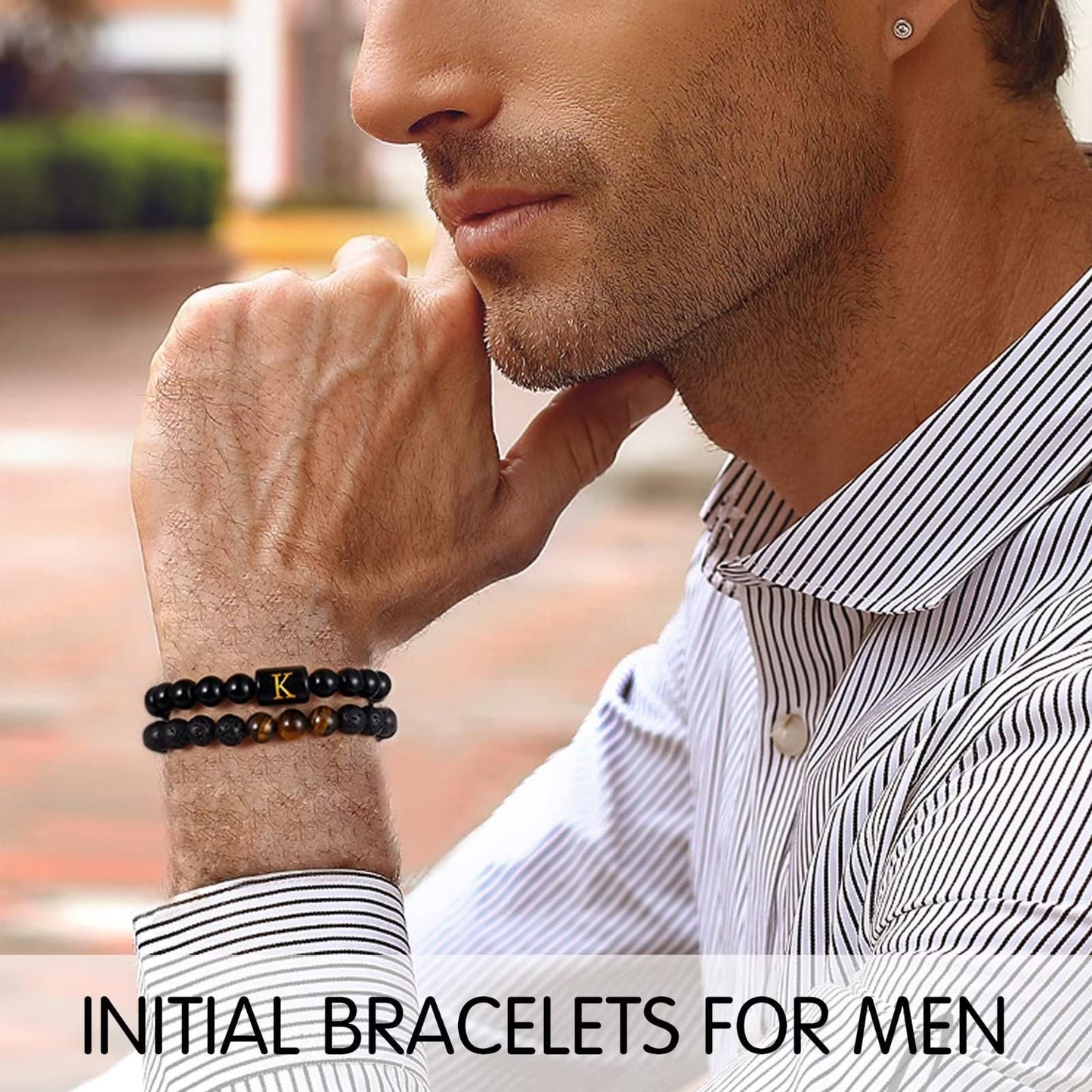 STORUP Bracelets Gifts for Men - Initial Bracelets for Men 8mm Tiger Eye Lava Rock Stone Obsidian Bracelet Handmade Initial K Me