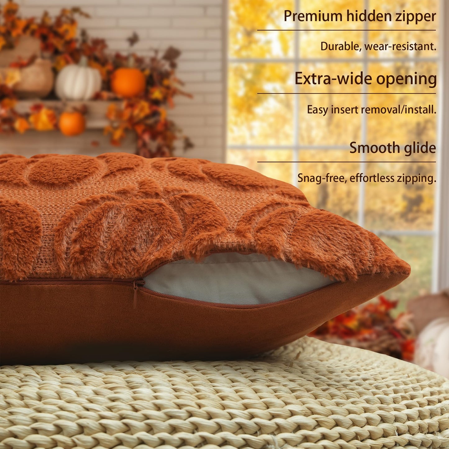 GEEORY Fall Pillow Covers 18 x 18 Inch Set of 2, Fall Decorations Pumpkins Soft Plush Fluffy Faux Fur Wool Decorative Autumn Farmhouse Cushion Case for Sofa Rust GC019-18