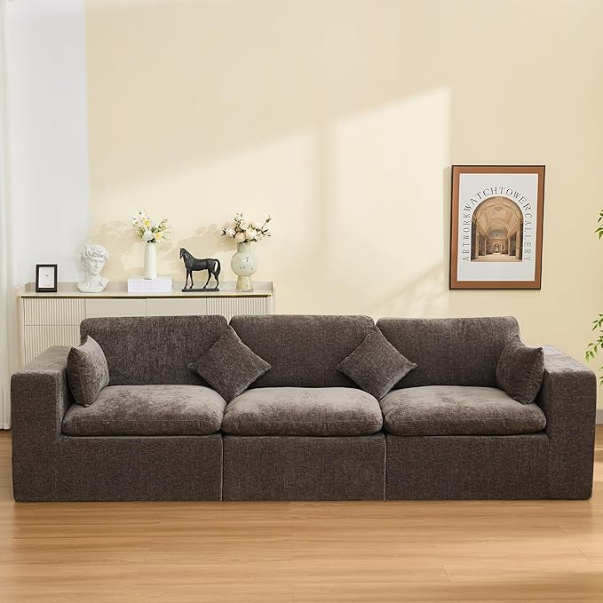 115''Cloud Boneless Sectional Couch, Modular Sectional Sofa Deep Seat, Oversized Upholstered Convertible Comfy 3 Seater Chenille Memory Foam Sofa Couches for Living Room, Brown