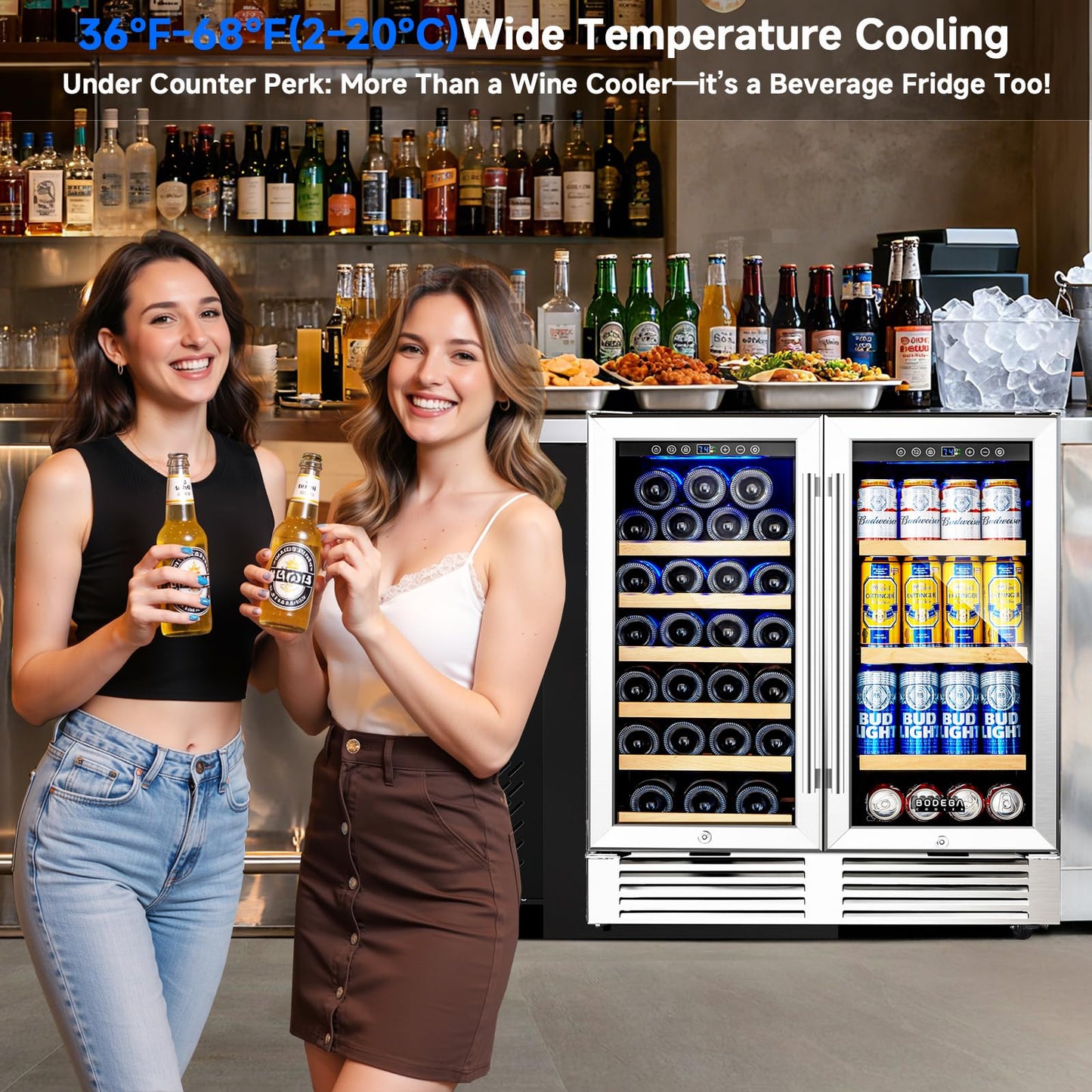 BODEGA 30 Inch Back Bar Cooler with 2 Glass Doors, Commercial Wine & Beverage Refrigerator, Holds 31 Bottles & 92 Cans Dual Zone Drink Fridge, for Beer,Soda Drinks,Wine