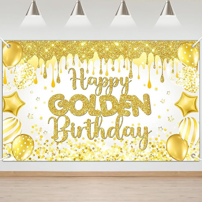 Mocsicka Happy Golden Birthday Backdrop Gold Shiny Glitter Balloons Golden Birthday Banner Party Decorations Photo Booth P...