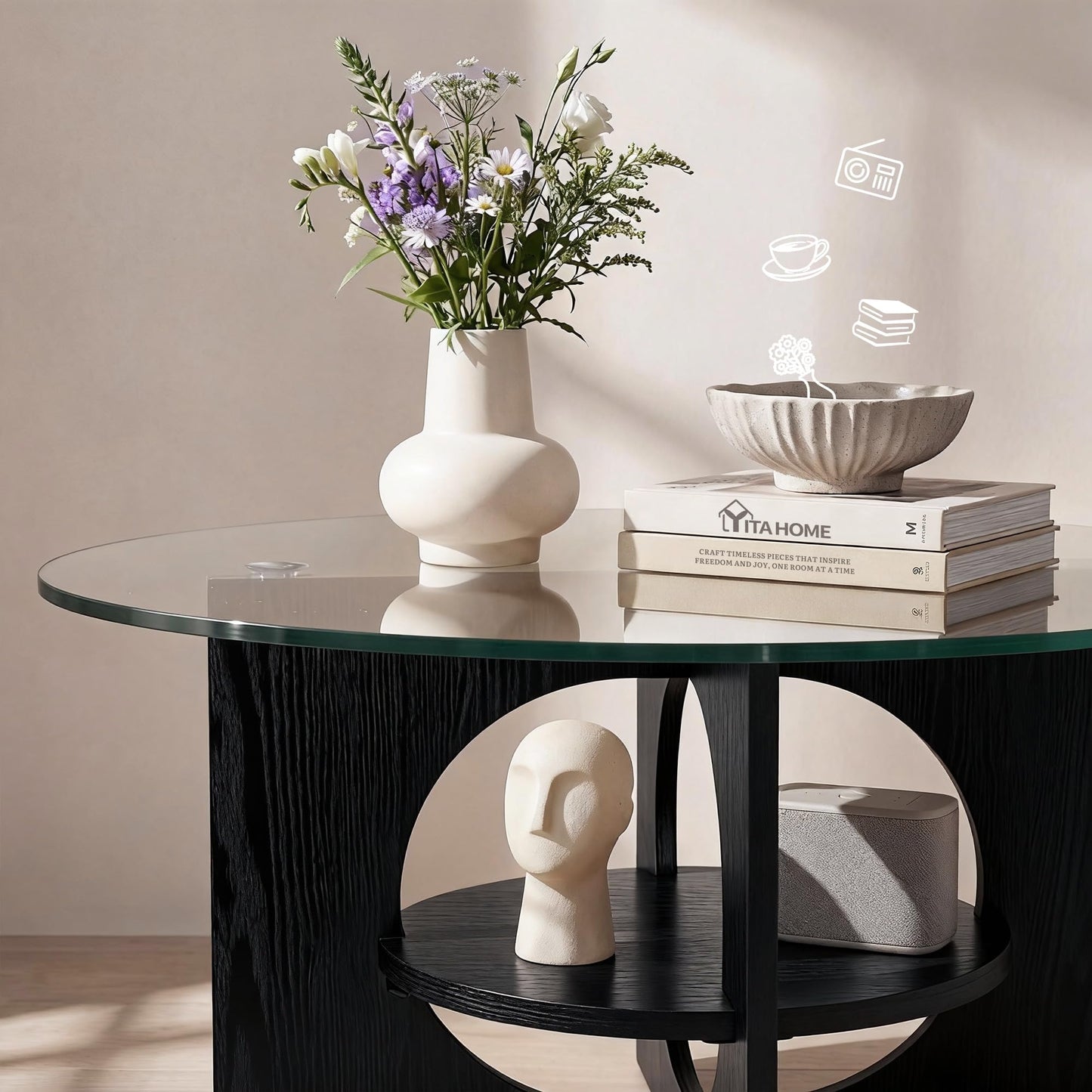 YITAHOME Round Coffee Table, 2-Tier Glass Coffee Tables with Storage, Multi-Purpose Modern Center Table or Cocktail Table for Living Room, Office, Lounge, Black