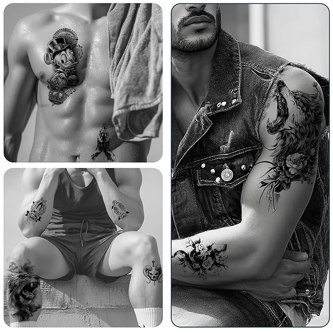 DONGZISHANGDIAN Temporary Tattoos | This set of 76 haunting tattoo stickers is perfect for Halloween, featuring dark elements and totems. For various parties and cosplay. Unisex, bold, trendsetting.