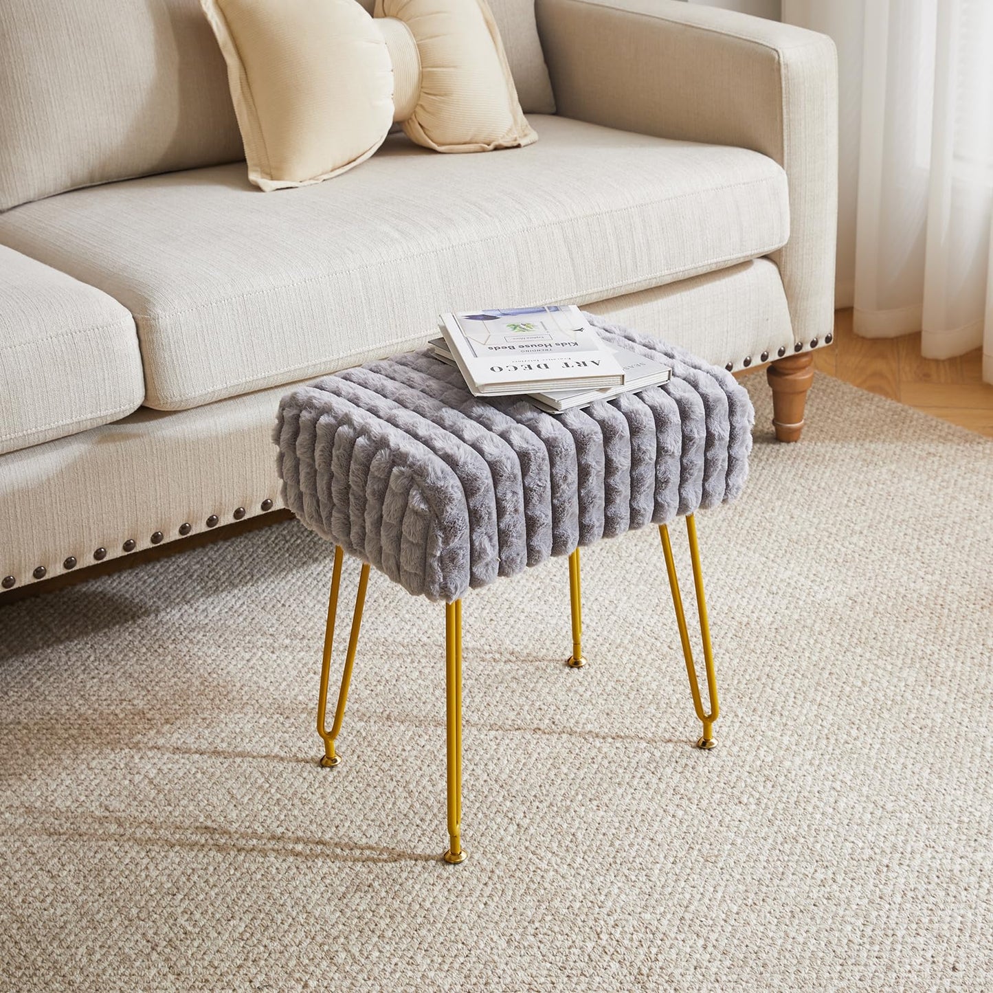 IBUYKE Rectangular Footrest Stool Ottoman, Makeup Vanity Stool Side Table, Velvet Dressing Table Seat, Footstool Chair, Golden Steel Legs, for Makeup Room, Bedroom, Square Grid Pattern, Grey WBD003G