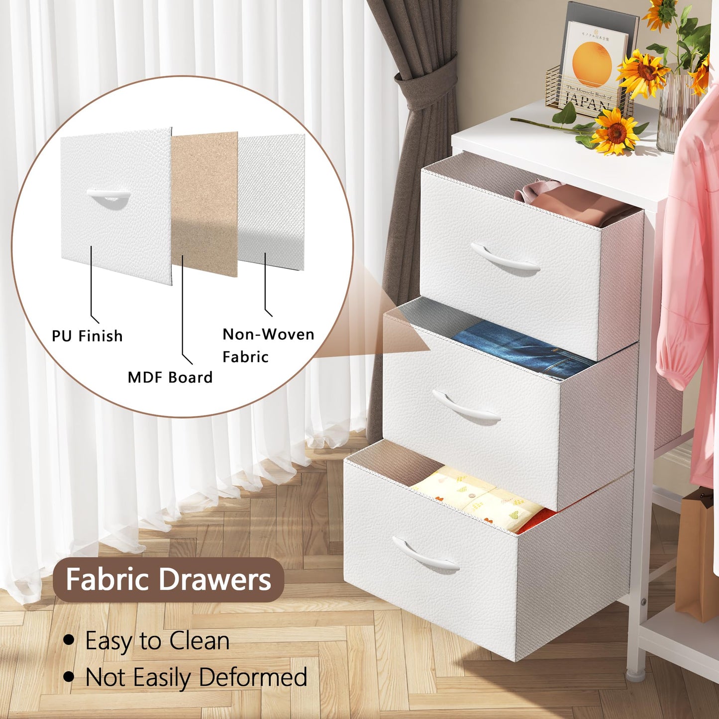 AFLUI Dresser for Bedroom with Hanging Rack, 3 Drawers Dresser for Bedroom - White